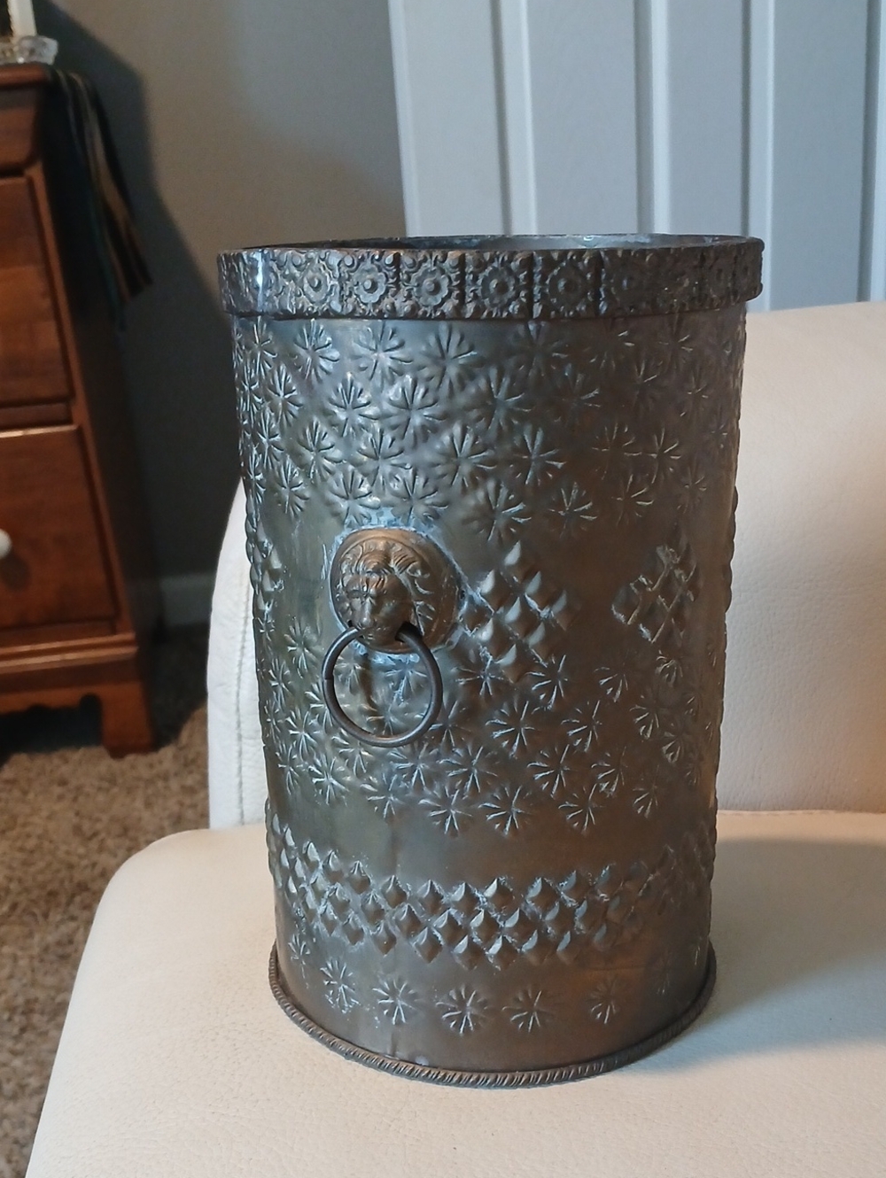 Vintage Embossed Brass Lion Head Planter